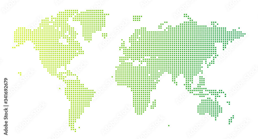 四角いドットで構成された世界地図-緑色