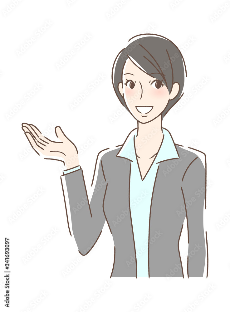 笑顔で手のひらを差し出す女性