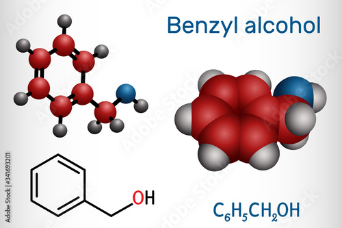 Benzyl alcohol, C7H8O molecule. It is aromatic alcohol, is used as local anesthetic and in perfumes, in cosmetic formulations. Structural chemical formula and molecule model