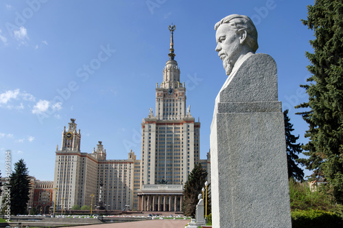 Bust of Alexander Popov in front of Moscow State University. Moscow, Russia. photo