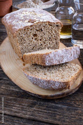 Homemade and handmade bread with cooking materials at home because of coronavirus.