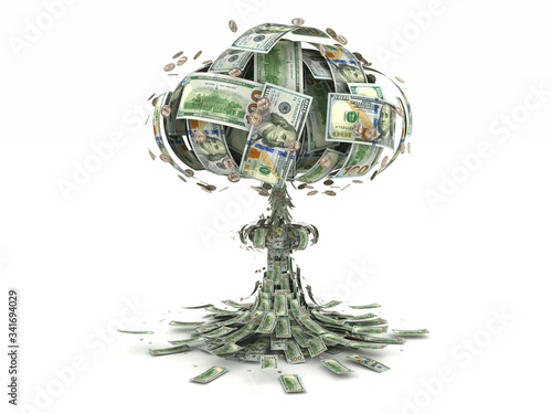 Explosion of dollar banknotes and coins on white background. 3d illustration
