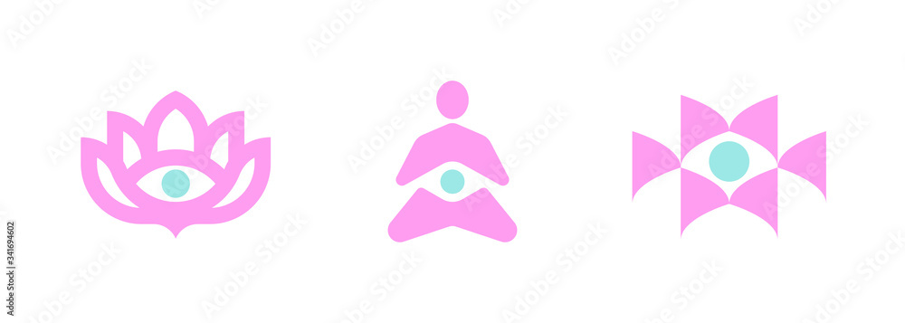 Vector logo templates set of stylized meditating human silhouette and blooming lotus flowers with third eye. Abstract simple emblem for yoga, meditation, relaxation or spiritual practice Vector logo templates set of stylized meditating human silhouette and blooming lotus flowers with third eye. Abstract simple emblem for yoga, meditation, relaxation or spiritual practice