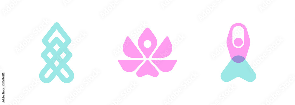 Vector logo templates set of stylized meditating human silhouettes and lotus flower. Abstract simple emblem for yoga, meditation, relaxation, inner concentration, self-knowledge or spiritual practice