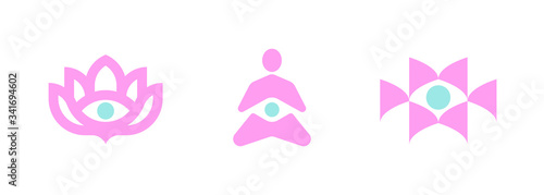 Vector logo templates set of stylized meditating human silhouette and blooming lotus flowers with third eye. Abstract simple emblem for yoga, meditation, relaxation or spiritual practice
