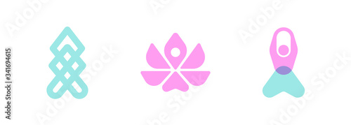 Vector logo templates set of stylized meditating human silhouettes and lotus flower. Abstract simple emblem for yoga, meditation, relaxation, inner concentration, self-knowledge or spiritual practice