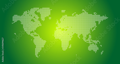 四角いドットで構成された世界地図-緑色