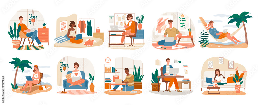 Freelance Character set showing ten scenes of people at work on laptops at the seaside, in an office and at home, vector illustration