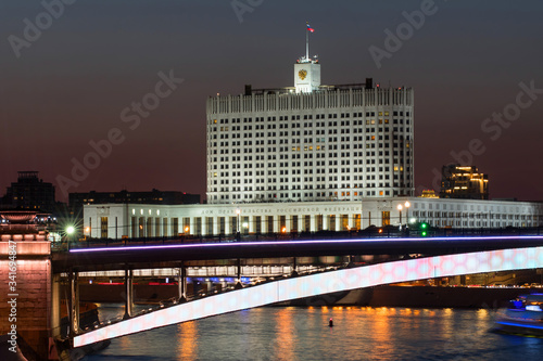 Moscow, Russia - 6th June, 2019: Night view at Russian Government House (White house) and Smolensky Underground  bridge (Metromost).. photo