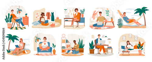 Freelance Character set showing ten scenes of people at work on laptops at the seaside, in an office and at home, vector illustration
