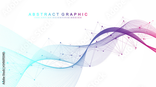 Expansion of life. Colorful explosion background with connected line and dots, wave flow. Visualization Quantum technology. Abstract graphic background explosion, motion burst, vector illustration