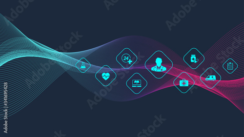 Abstract medical and science healthcare blue banner design template. Health care medicine concept. Medical innovation pharmaceutical tech banner. Wave flow. Vector illustration.