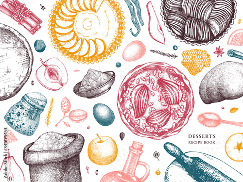 Apple pie cooking process background. Hand drawn baking cakes, pies, dough, kitchen stuff, ingredients design. Homemade fruits dessert recipe book template. 