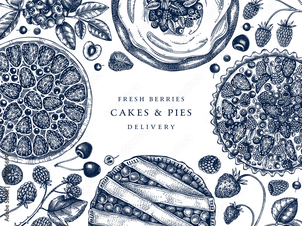 Berries Cakes And Pies Banner Hand Drawn Baking Cakes Pies And Fresh Berries Design Homemade Summer Dessert Recipe Book Template Top View Illustration For Food Delivery Cafe Menu Recipe Bakery Stock Vector