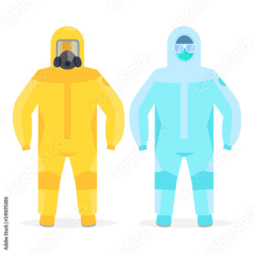 Vector stock illustration Virologist protective suit. Design of medical advertising, information literature. Website, print.