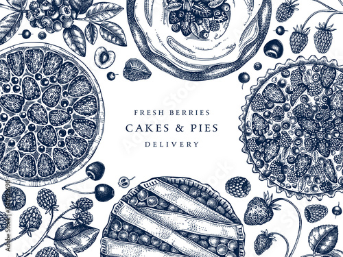 Berries cakes and pies banner. Hand drawn baking cakes, pies and fresh berries design. Homemade summer dessert recipe book template. Top view illustration for food delivery, cafe menu, recipe, bakery