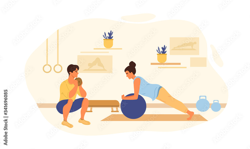 Obraz premium Health and fitness concept with young woman working out with personal trainer, vector illustration
