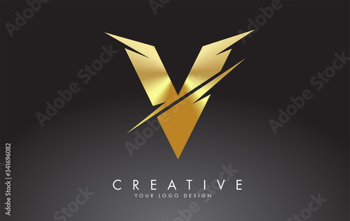 Golden V Letter Logo Design with Creative Cuts.