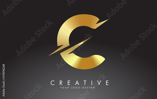 Golden C Letter Logo Design with Creative Cuts.
