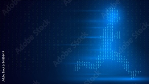 Dark technology background with a running luminous person from binary code