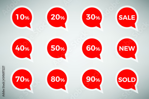 Sale discount icons. Special offer stamp price signs.  percent off reduction symbols. Speech bubbles or chat symbols. Colored elements. Vector