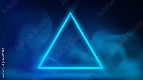 Futuristic background with neon blue
luminous triangle and steam or smoke
