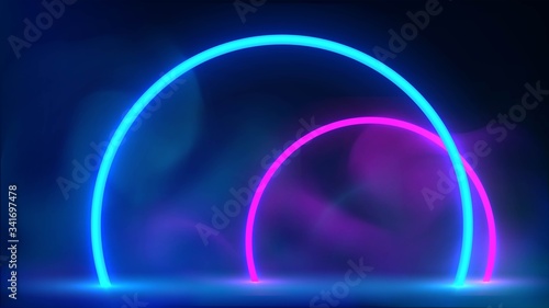 Futuristic background with neon luminous round arches and steam or smoke