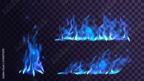 Vector set flame and bonfire on a transparent background, blue fire