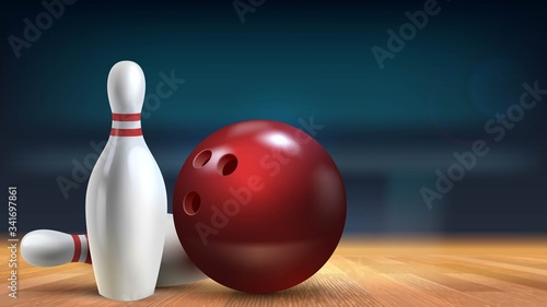 Fotografija Red shiny ball and skittles close-up in a bowling alley on a wooden floor with b