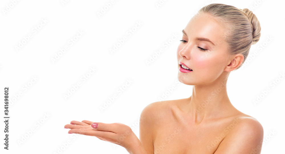 Beautiful face of young adult woman with clean fresh skin. Beautiful face of young adult woman with clean fresh skin.