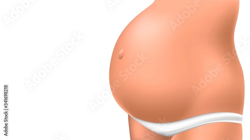 Belly of a pregnant woman on a white background, pregnancy and obstetrics