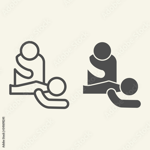 Massage line and solid icon. Professional masseur and patient outline style pictogram on white background. Spa massage and relaxation for mobile concept and web design. Vector graphics.