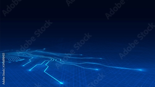 Technology background with luminous lines of integrated circuits, blue glowing motherboard