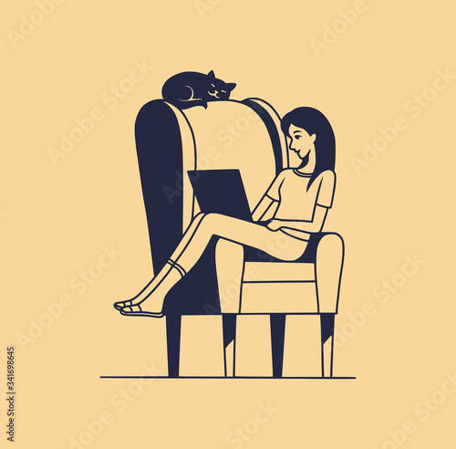 Vector illustration of a young woman sitting in a chair with a laptop, alone. The cat sleeps on the back of the chair. Home Isolation concept. Flat cartoon style.