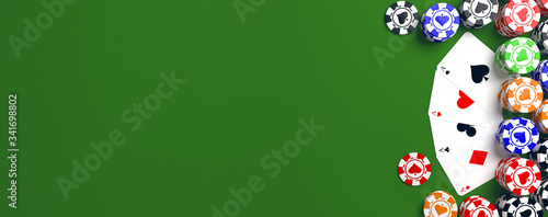 Casino chips and poker cards on green table from top view. 3D render illustration