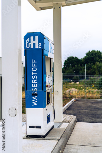 hydrogen logo on gas stations fuel dispenser. h2 combustion engine for emission free ecofriendly transport. germany