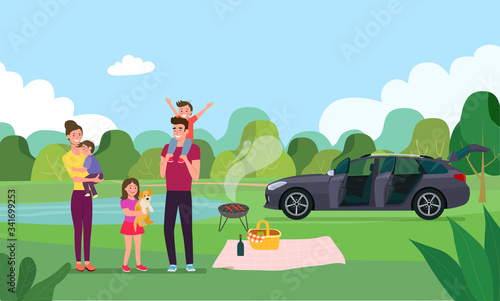 Happy family having picnic in the forest. Vector flat illustration.