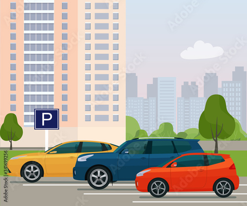 Fototapeta Naklejka Na Ścianę i Meble -  Parking with cars in the residential complex. Vector flat illustration.