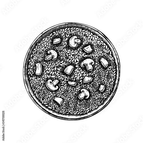 Hand drawn Italian risotto with mushrooms illustration. Engraved style cooked rice dish vector drawing. Great for packaging, menu, recipe. 