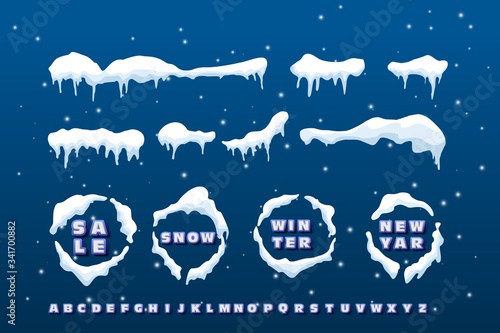 Snow caps, snowballs and snowdrifts are installed. Element of the winter decor. Vector illustration with text