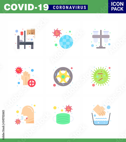 9 Flat Color coronavirus epidemic icon pack suck as hands, dirty, virus, covid, practicum photo