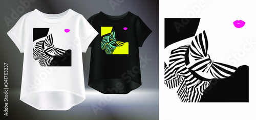 
Fashionable print for t-shirts. Art image of a female silhouette in striped clothes. Vector illustration of a realistic women's t-shirt. Isolated image of a printable pattern for clothes.