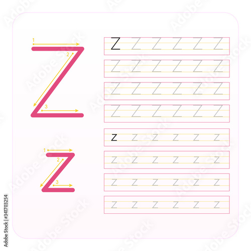 Writing practice letter Z printable, kindergarten kids to improve basic writing skills,