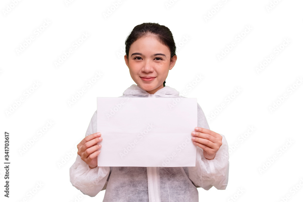 Isolated Nurse holding blank paper wearing PPE disposable coverall with mask smiling look at camera.Pandemic 2019 Coronavirus 2019-nCoV. Isolated Nurse holding blank paper wearing PPE disposable coverall with mask smiling look at camera.Pandemic 2019 Coronavirus 2019-nCoV.