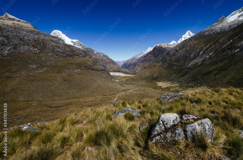 green valley in the trekking of the santa cruz gorge surrounded by high snowy mountains in peru
