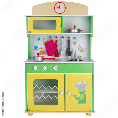 kitchen toy with utensils and food isolated on white background