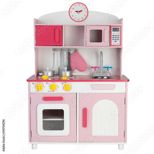 kitchen toy with utensils and food isolated on white background