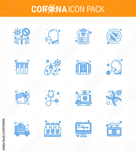 Coronavirus Awareness icon 16 Blue icons. icon included virus, protection, fever, bacteria, list photo