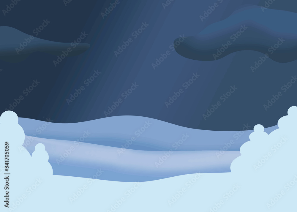 Winter background. Snowy plains with trees covered with snow. Snowy night. Vector. Abstraction on the winter theme.