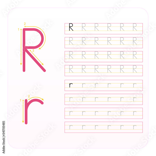 Writing practice letter R printable, kindergarten kids to improve basic writing skills,